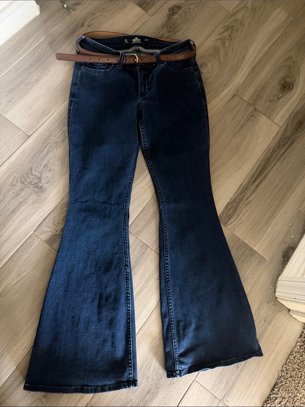 Hollister Dark Blue Flare Jeans with Brown Belt